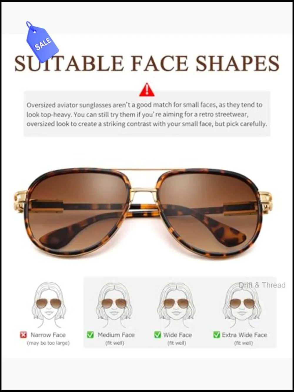 Retro Oversized Aviator Sunglasses Metal Frame UV Protection Unisex